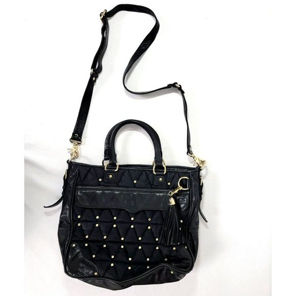 Rebecca Minkhoff Large Black Leather & Fabric Purse Bag Gold tone screw studs - Picture 1 of 16